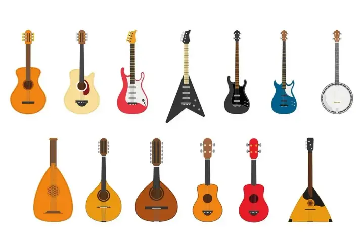 Różne instrumenty strunowe: gitary, mandoliny, lutnia, banjo, bałałajka.