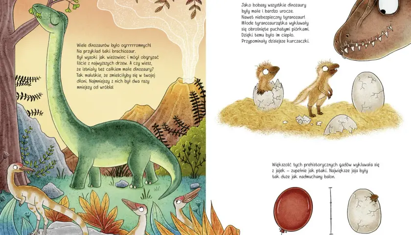 Ilustracja przedstawia zielonego brachiozaura jedzącego liście, małe dinozaury wykluwające się z jajek i dorosłego tyranozaura.