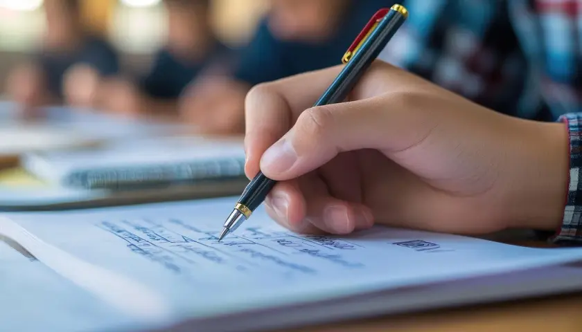 Dłoń pisząca długopisem po kartce papieru w zeszycie, w tle niewyraźne sylwetki uczniów.