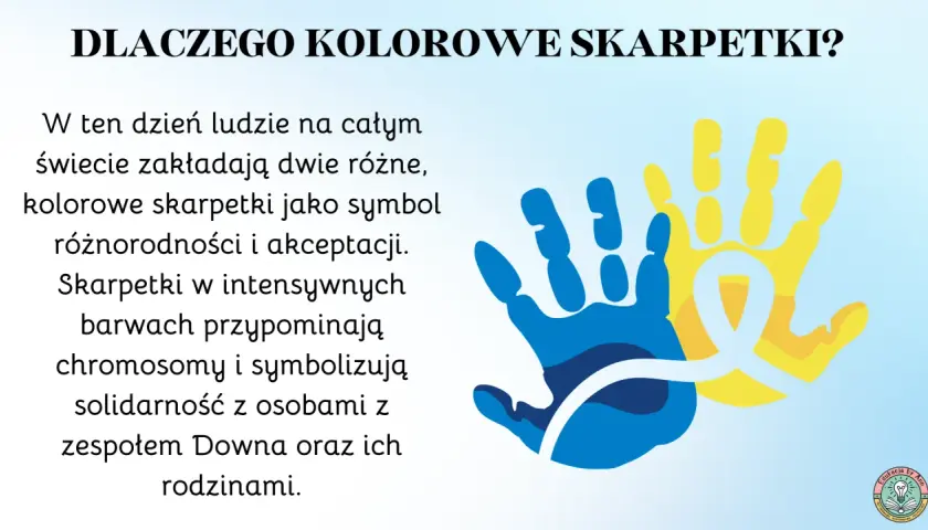 Dwie dłonie, niebieska i żółta, symbolizujące różnorodność i akceptację, z białą wstążką.