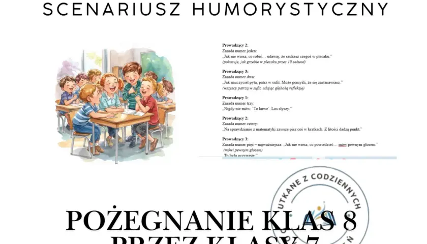 Wesołe pożegnanie klas 8 scenariusz: dzieci śmieją się na lekcji, przygotowując się do humorystycznego przedstawienia.