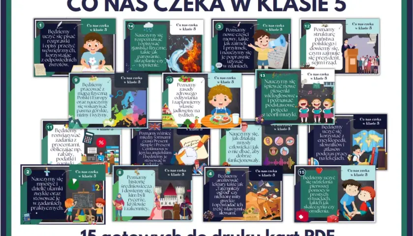 Ilustracja przedstawia kolaż z 15 kart edukacyjnych z numerami, ilustracjami i krótkimi opisami tematów lekcji w 5 klasie.