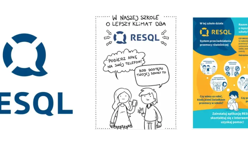 Logo RESQL i rysunki dzieci, jedno z telefonem, drugie z chmurką dialogową.