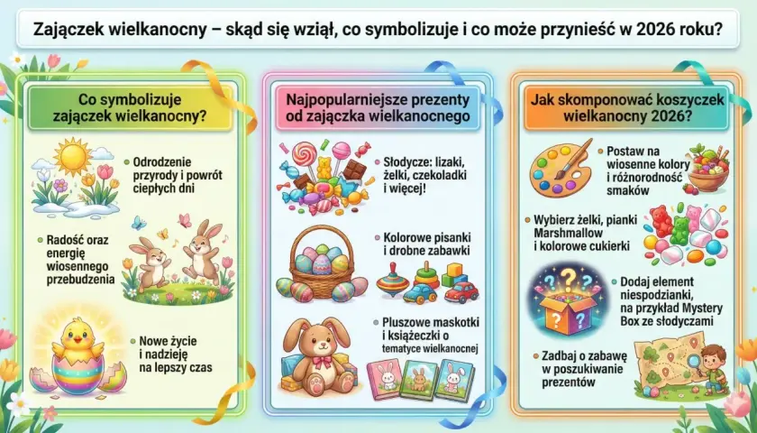 Ilustracja przedstawia trzy kolumny z informacjami o zajączku wielkanocnym: jego symbolikę, popularne prezenty i jak skomponować koszyczek.