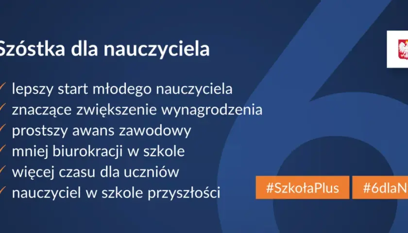 Grafika z hasłem "Szóstka dla nauczyciela", listą korzyści i logo Ministerstwa Edukacji i Nauki.