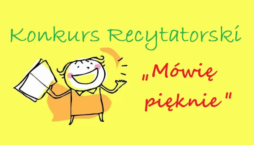 Radosny rysunek dziecka z książką zapowiada konkurs recytatorski dla dzieci "Mówię pięknie".