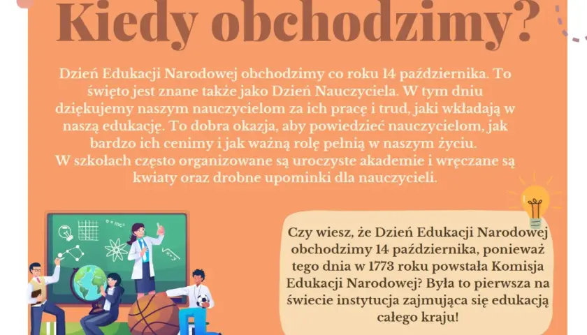Ilustracja z okazji Dnia Edukacji Narodowej: uczniowie i nauczyciele przy tablicy z wzorami naukowymi, globusem i piłką.