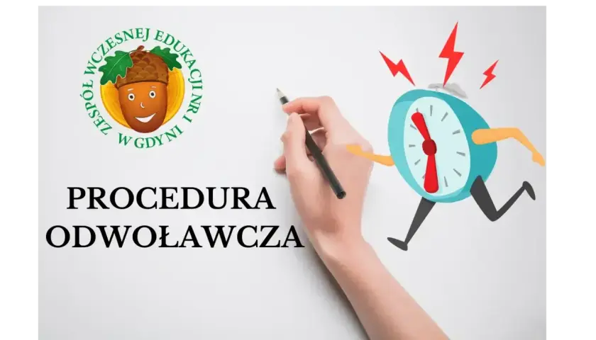 Ręka pisze ołówkiem tekst "PROCEDURA ODWOŁAWCZA" obok biegnącego, zdenerwowanego budzika.