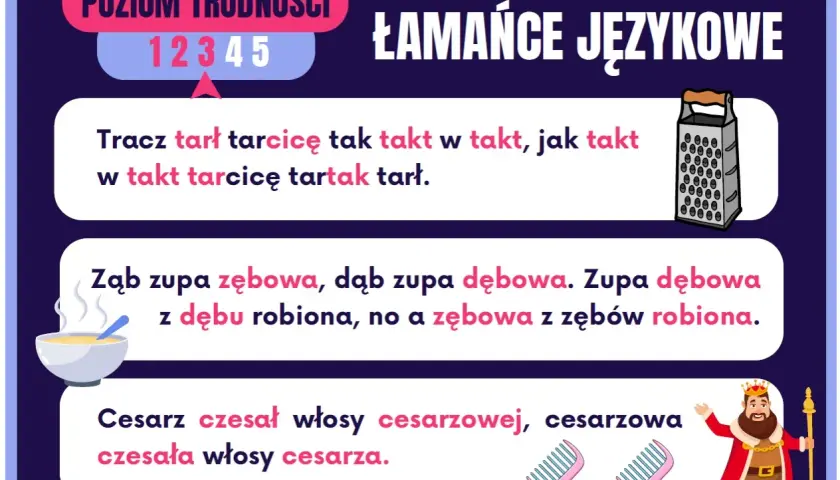 Ilustracja z łamańcami językowymi: tarka, miska zupy, król i grzebienie.
