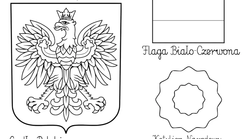 Ilustracja z godłem Polski, flagą biało-czerwoną i kotylionem narodowym do kolorowania.