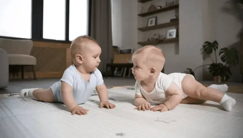 Dwa niemowlęta w body leżą na macie i patrzą na siebie.