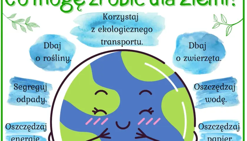Ilustracja z uśmiechniętą Ziemią i hasłami o ekologii: dbaj o rośliny, zwierzęta, segreguj odpady, oszczędzaj wodę, energię, papier, korzystaj z ekologicznego transportu.