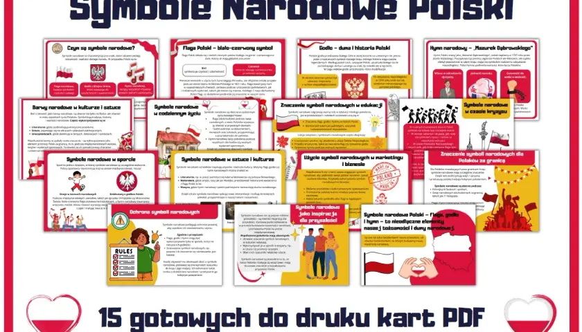 Plakat z polskimi symbolami narodowymi: flagą, godłem, hymnem i innymi.