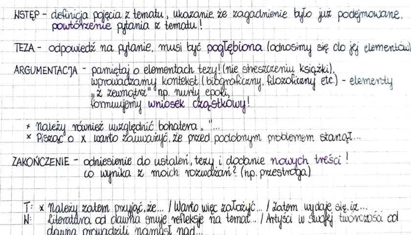 Fragment ręcznie pisanej rozprawki z podziałem na wstęp, tezę, argumentację i zakończenie.