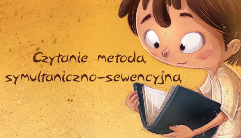 Ilustracja dziecka czytającego książkę, z tekstem "Czytanie metoda, symultaniczno-sekwencyjna".