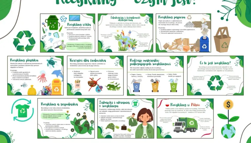Ilustracja przedstawia różne rodzaje recyklingu, materiały do recyklingu i korzyści z niego płynące.