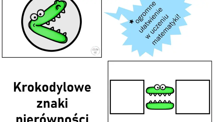 Grafika przedstawia zielone krokodyle symbolizujące znaki nierówności (<, >) oraz tekst "Krokodylowe znaki nierówności".
