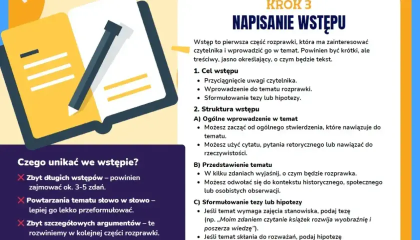Otwarta książka z ołówkiem, ilustracja do poradnika o pisaniu wstępów do rozprawki.