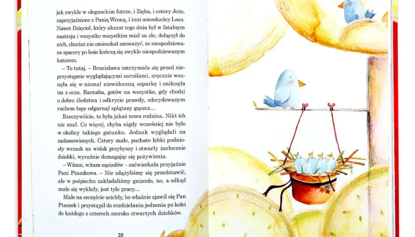 Ilustracja przedstawia ptaszka siedzącego na gałęzi nad gniazdem z pisklętami.
