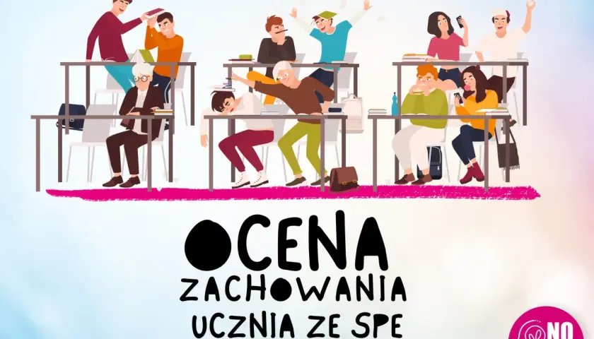 Ilustracja przedstawia klasę z uczniami zachowującymi się różnie: jedni się uczą, inni bawią lub jedzą.