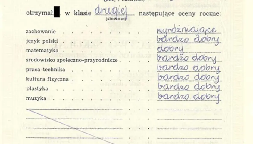 Fragment świadectwa szkolnego z listą przedmiotów i ocenami rocznymi, m.in. "bardzo dobry".