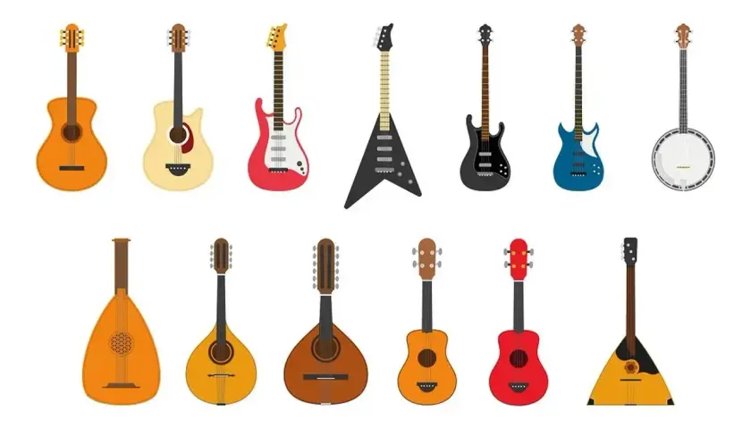 Różne instrumenty strunowe: gitary, mandoliny, lutnia, banjo, bałałajka.