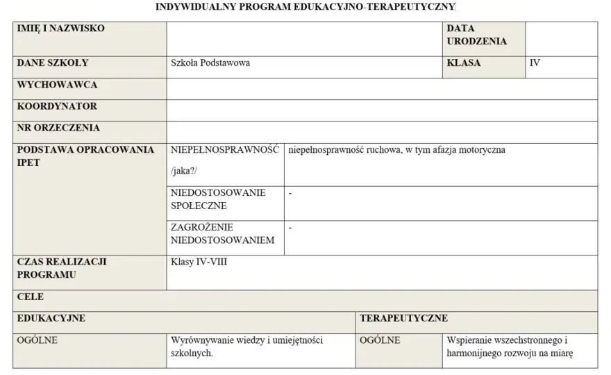 IPET - Indywidualny Program Edukacyjno-Terapeutyczny w szkole