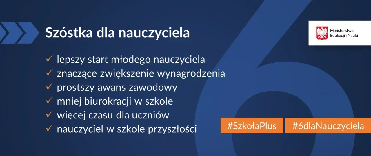 Grafika z hasłem "Szóstka dla nauczyciela", listą korzyści i logo Ministerstwa Edukacji i Nauki.