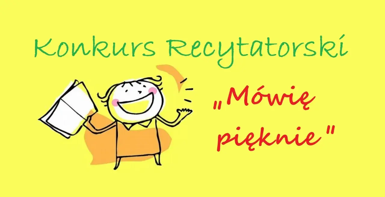 Radosny rysunek dziecka z książką zapowiada konkurs recytatorski dla dzieci "Mówię pięknie".