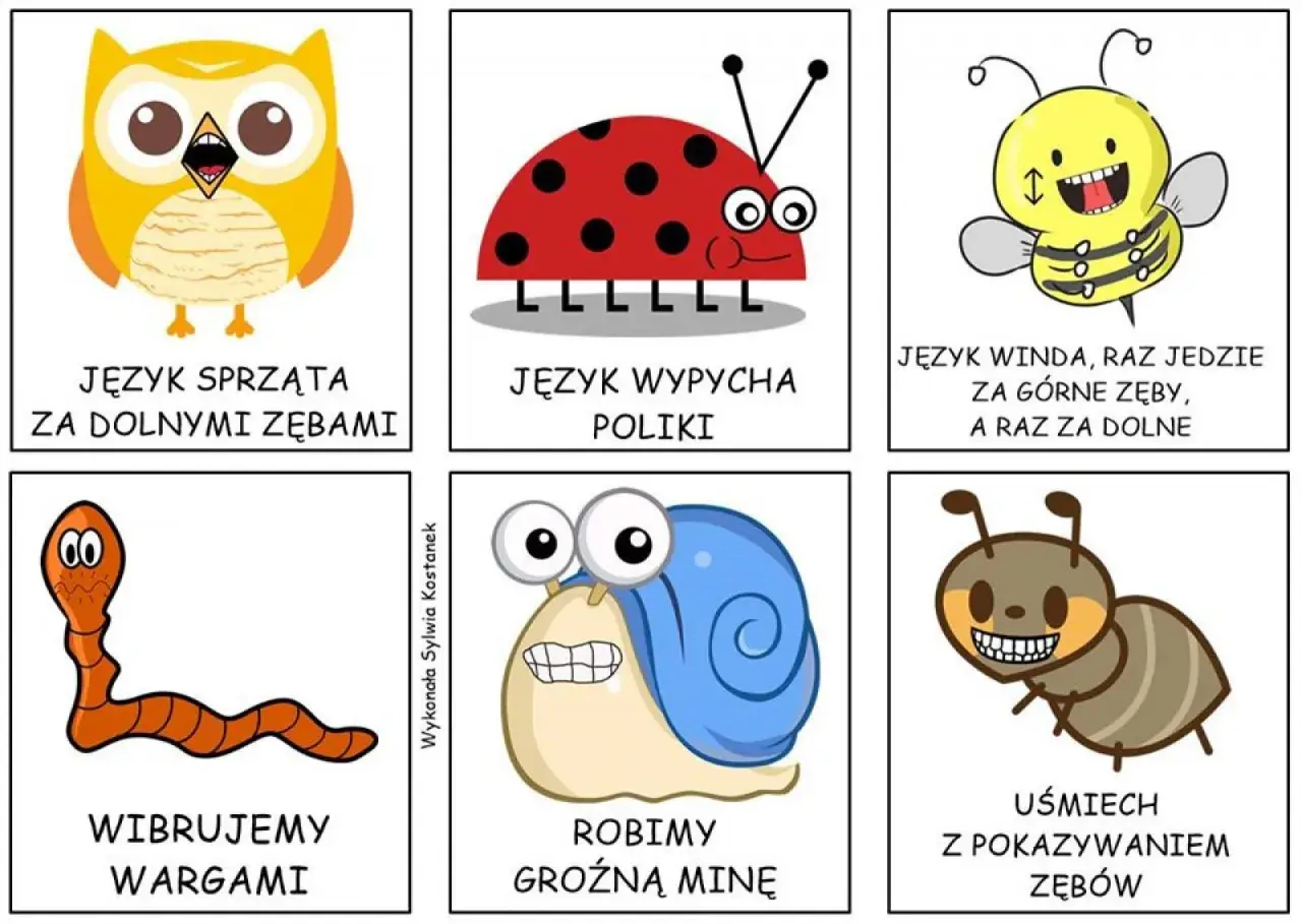 Zestaw kart do ćwiczeń logopedycznych: sowa czyści zęby, biedronka wypycha policzki, pszczoła jeździ językiem, dżdżownica wibruje wargami, ślimak robi groźną minę, mrówka uśmiecha się z zębami.