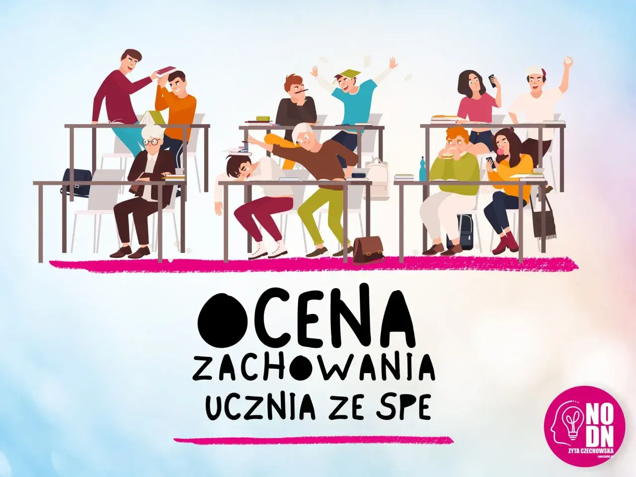 Ilustracja przedstawia klasę z uczniami zachowującymi się różnie: jedni się uczą, inni bawią lub jedzą.