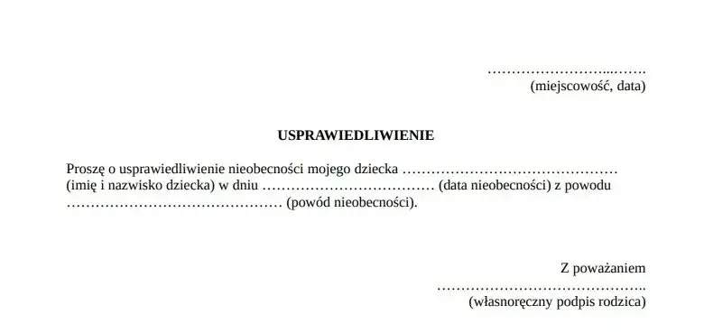 Wzór usprawiedliwienia nieobecności dziecka w szkole