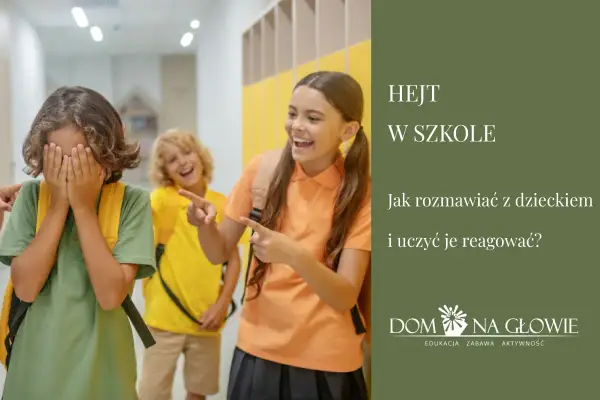 Dziecko zakrywa twarz, podczas gdy inne śmieją się i wskazują palcami. Obraz symbolizuje hejt w szkole i potrzebę rozmowy z dziećmi o tym, jak reagować.