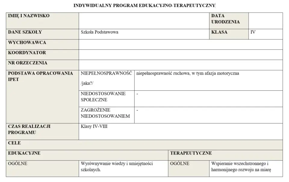 IPET - Indywidualny Program Edukacyjno-Terapeutyczny w szkole